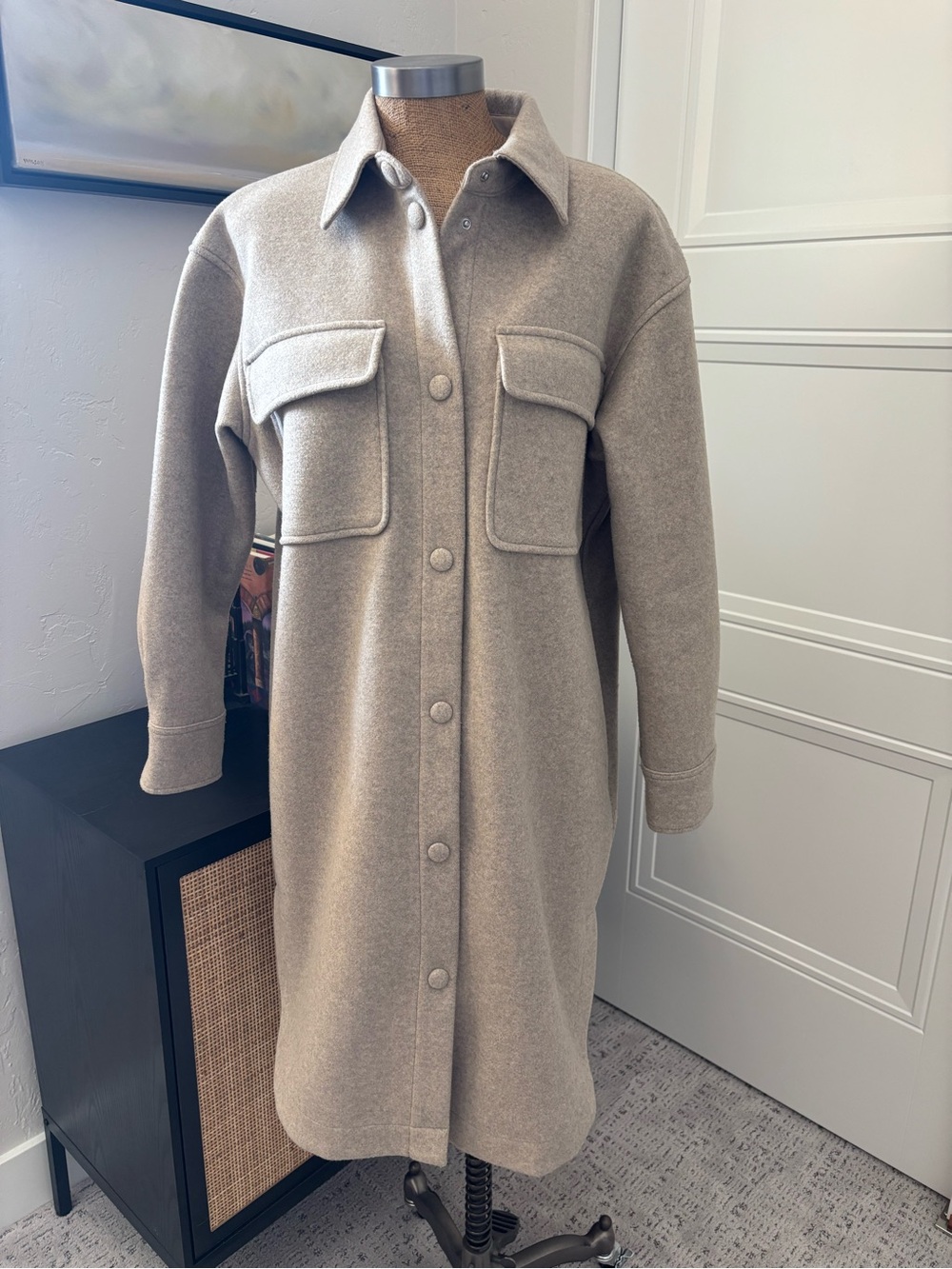 CALIA by Carrie Underwood Long Button-Front Wool Blend Shirt Jacket - Beige